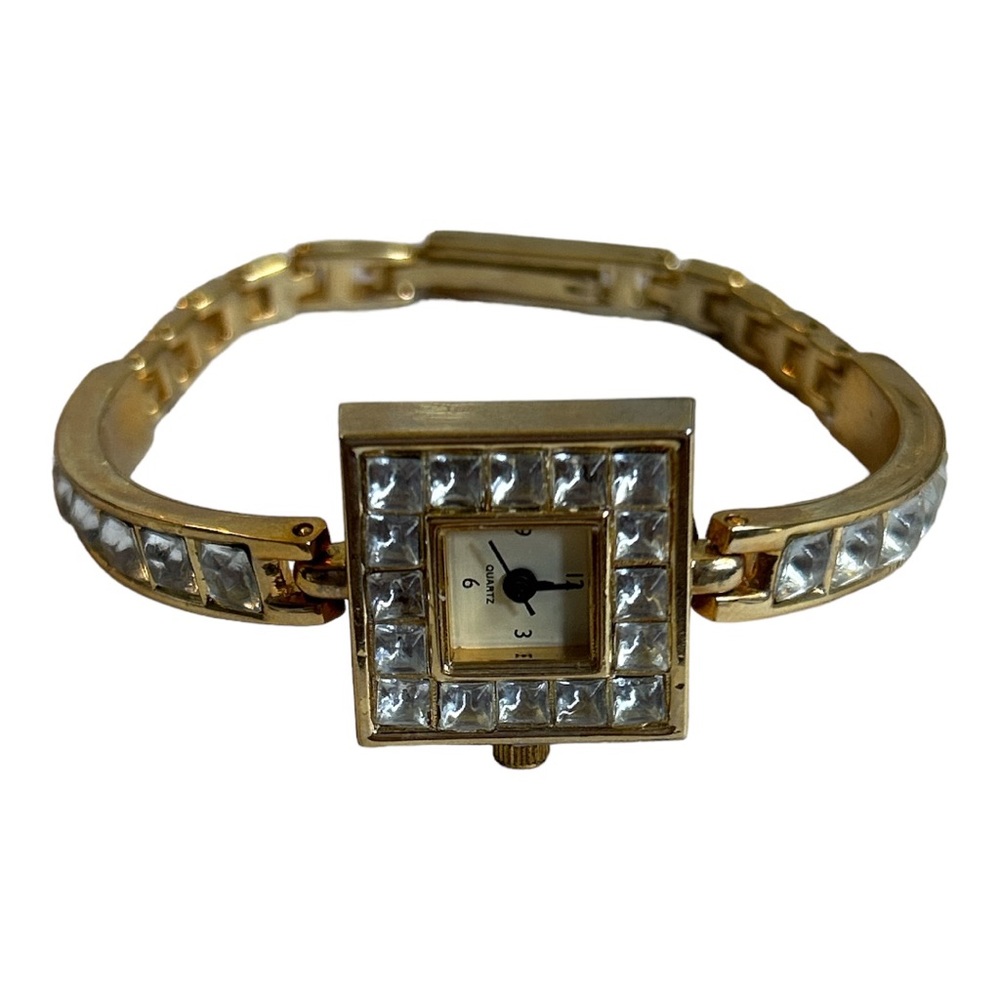 Vintage Women’s Watch Yves Rocher Gold Tone Square Faux Diamond Adjustable